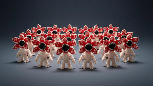 Small figures with flower-like heads arranged in a row on a dark background