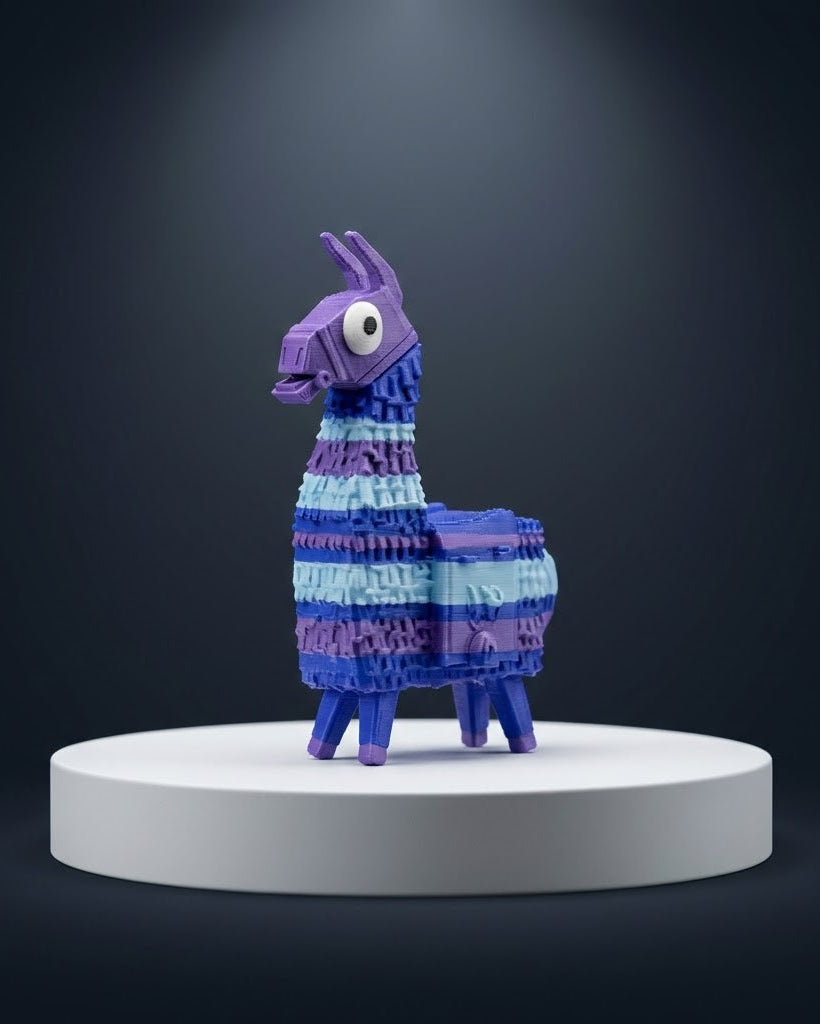 Colorful llama-shaped toy on a gray platform with a dark background