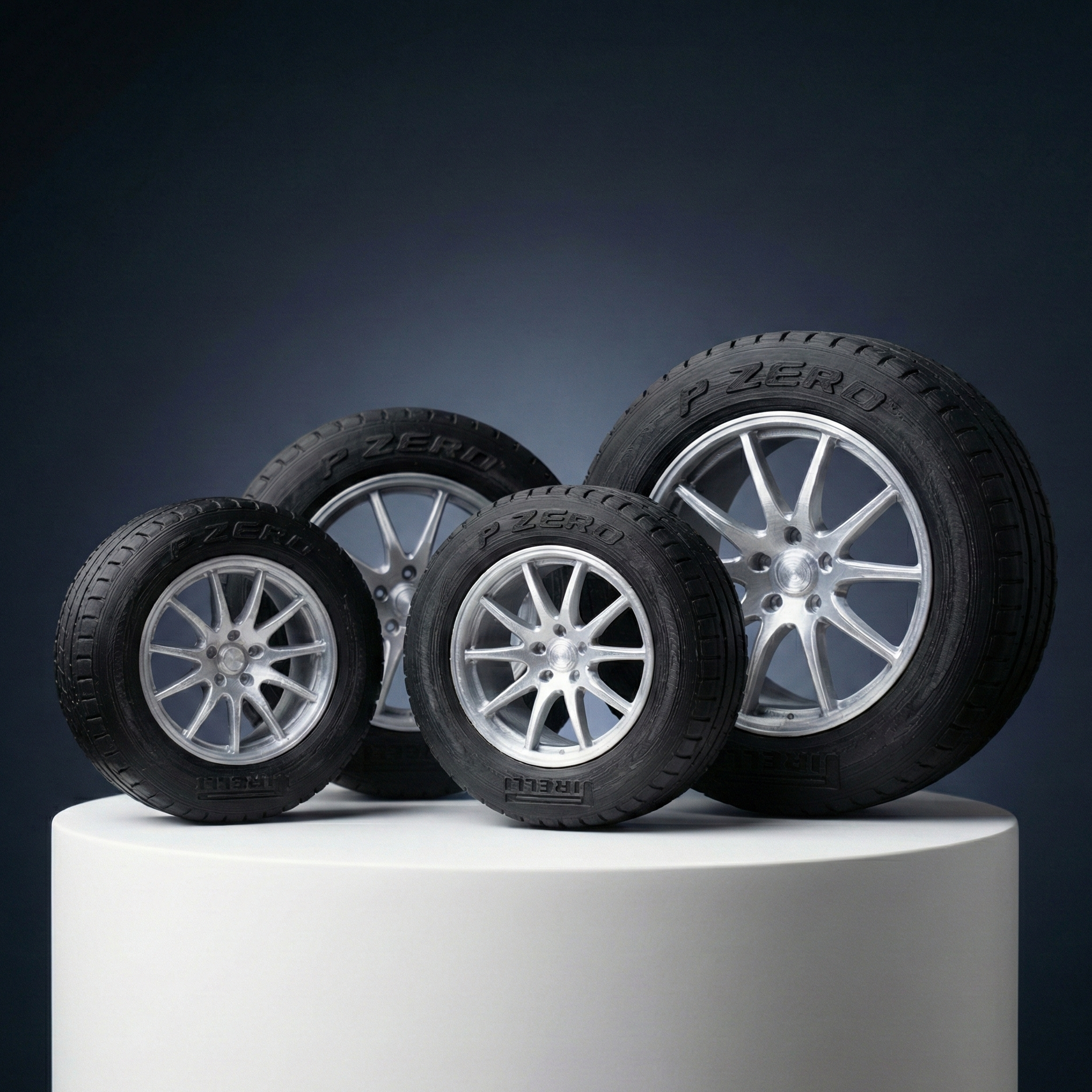 Four car tires with silver rims on a white pedestal against a dark background