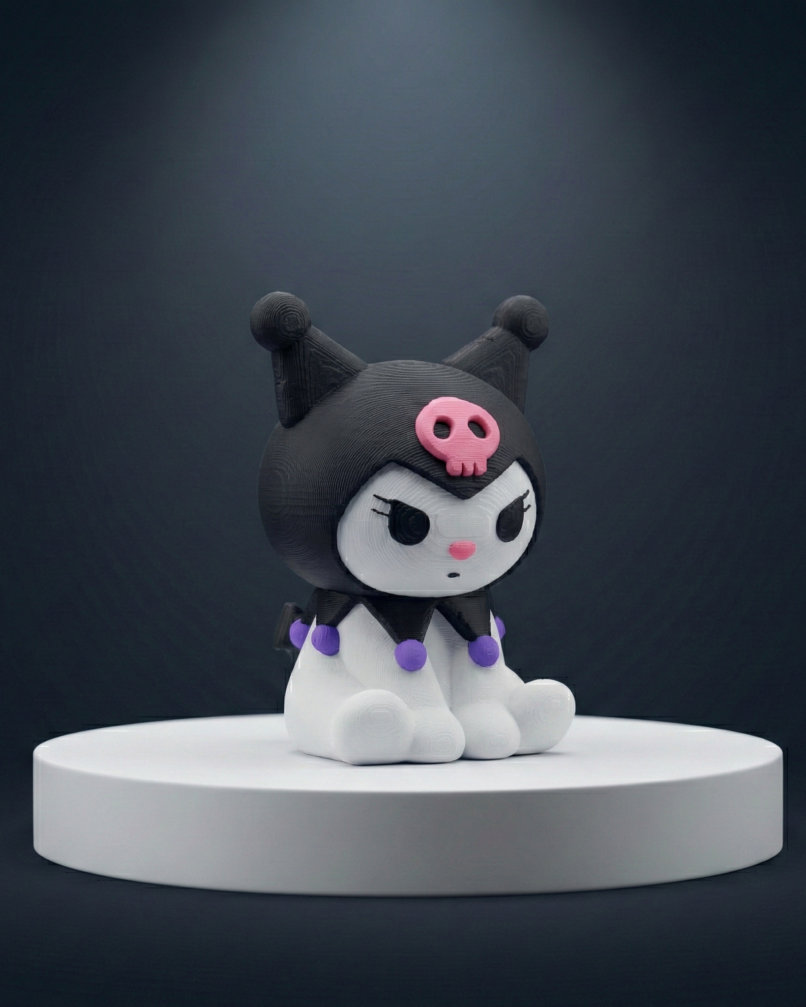 Black and white figurine with pink accents on a dark background
