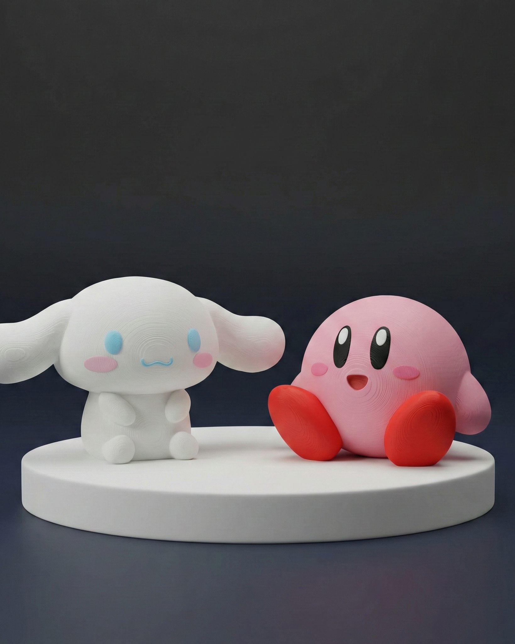 Two cartoon characters, one white with blue accents and one pink with red feet, on a dark background.