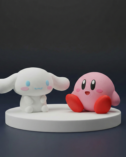Two cartoon characters, one white with blue accents and one pink with red feet, on a dark background.