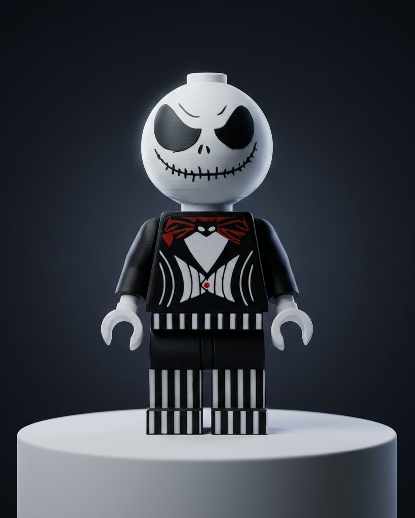 Toy figure with a white face and black and white striped outfit on a dark background
