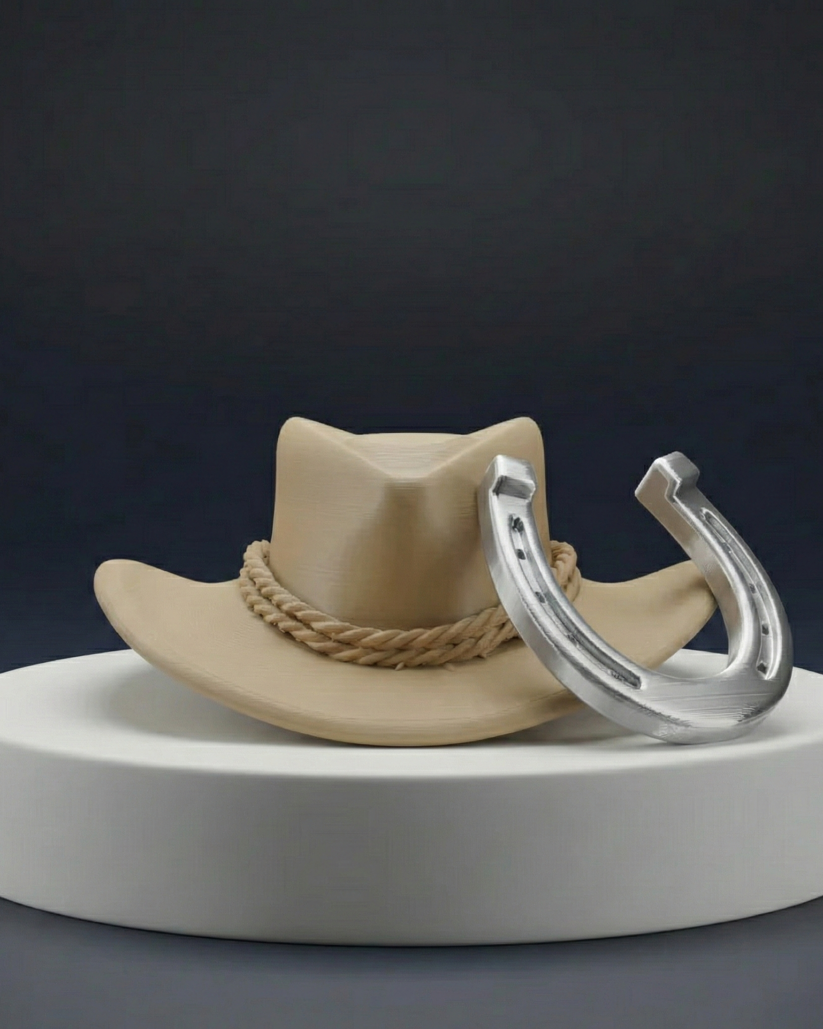 Cowboy hat with rope band and silver horseshoe on a white platform against a dark background