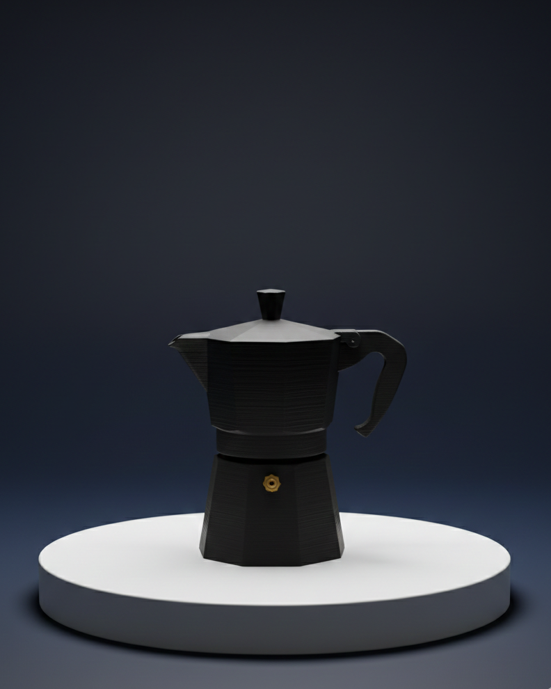 Black coffee maker on a white platform with a dark blue background