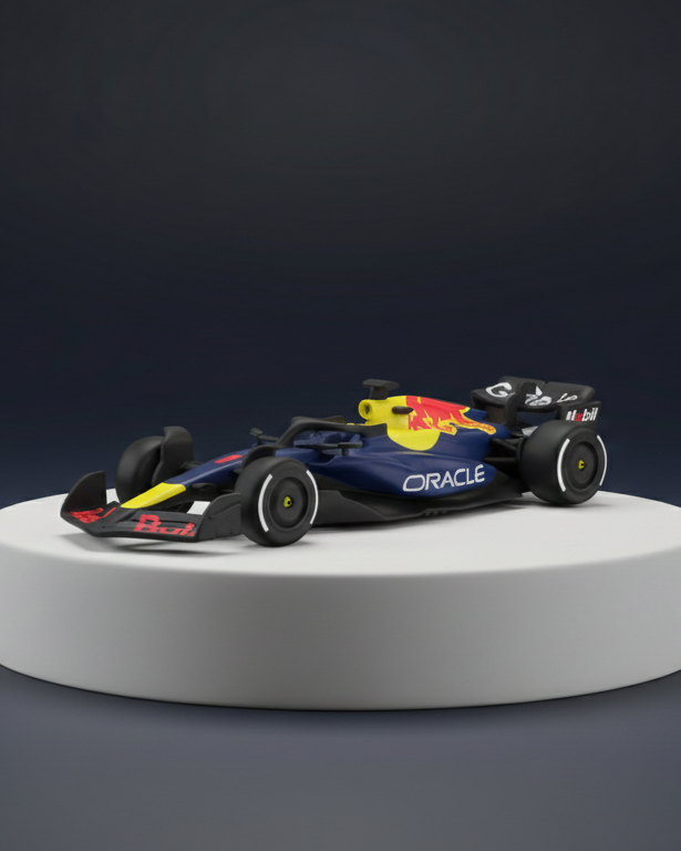 Model Formula 1 car on a white platform with a dark background