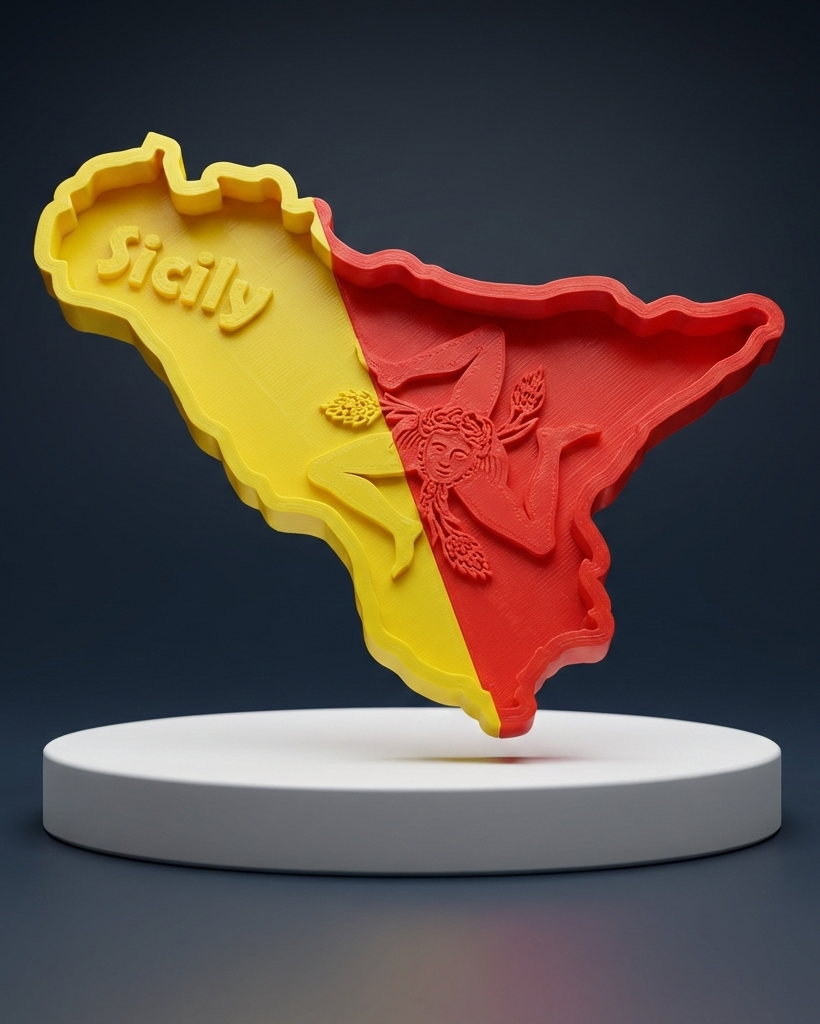 3D-shaped object resembling the flag of Sicily with yellow and red colors on a dark background.