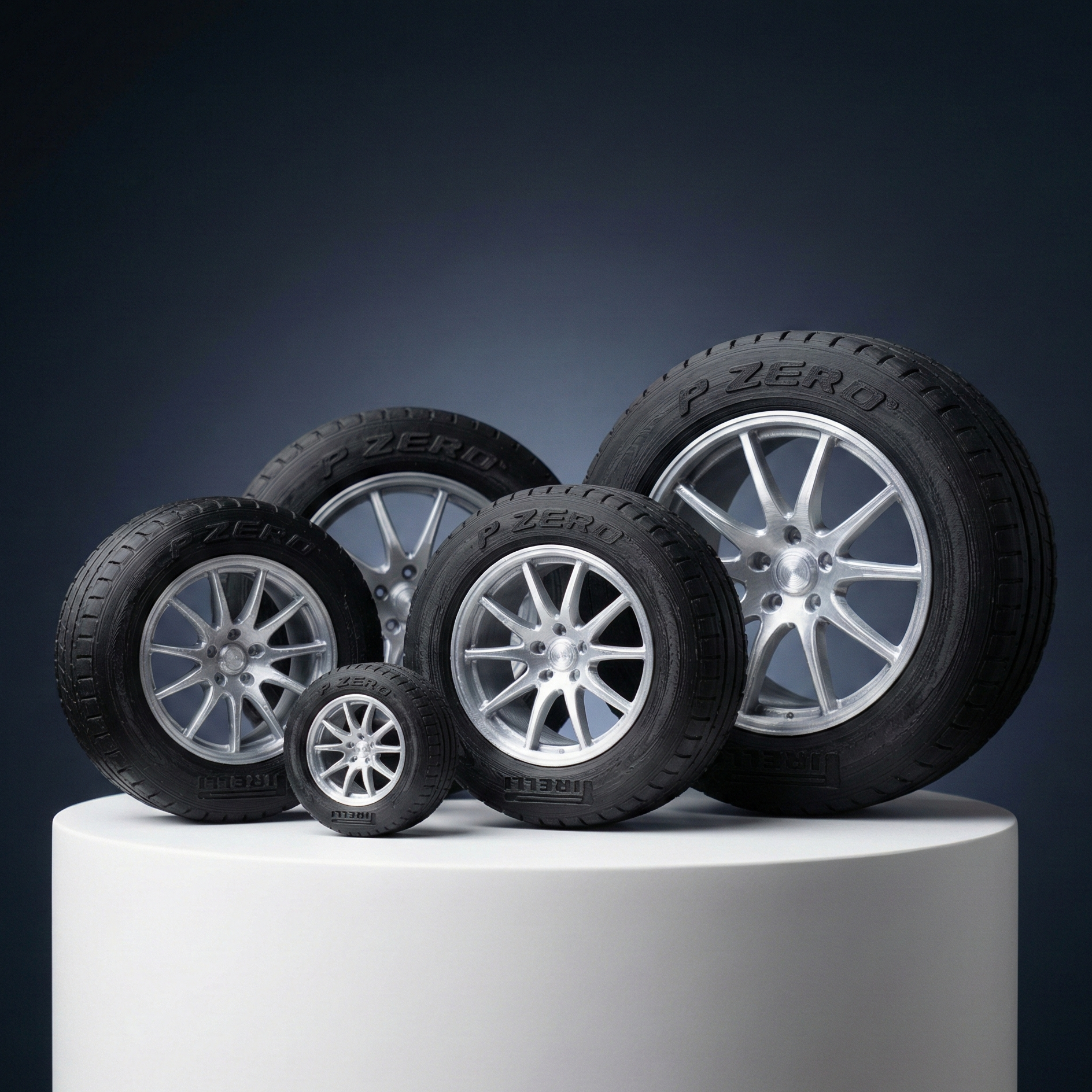Set of 5 tires with silver rims on a white platform against a dark background