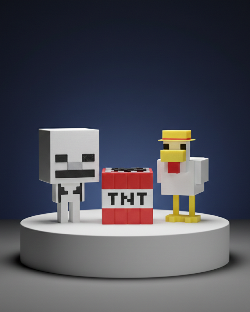 Three pixelated figures on a round platform against a dark background