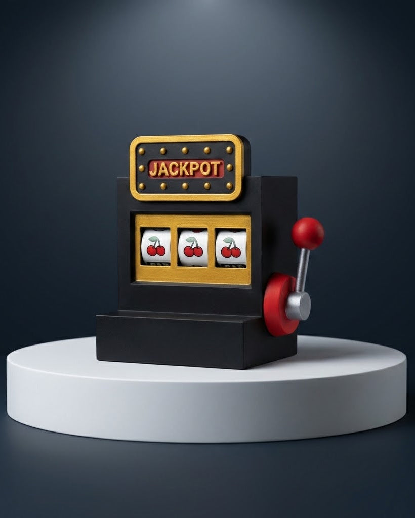 Small slot machine model with 'JACKPOT' and cherry symbols on a dark background