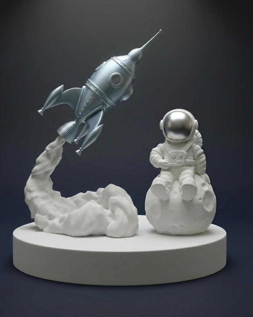 Decorative sculpture of an astronaut and rocket on a dark background